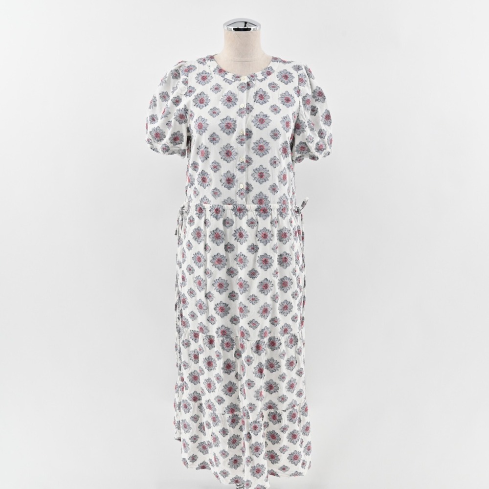 LOFT Dress Size 2 Medallion Print Cinch Side Tie Midi Blue White Short Sleeve